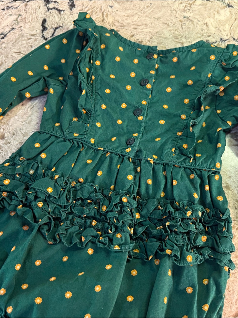 Ruffle Butts Emerald Green Long-Sleeve Bubble Romper with Gold Daisies - Picture 5 of 6